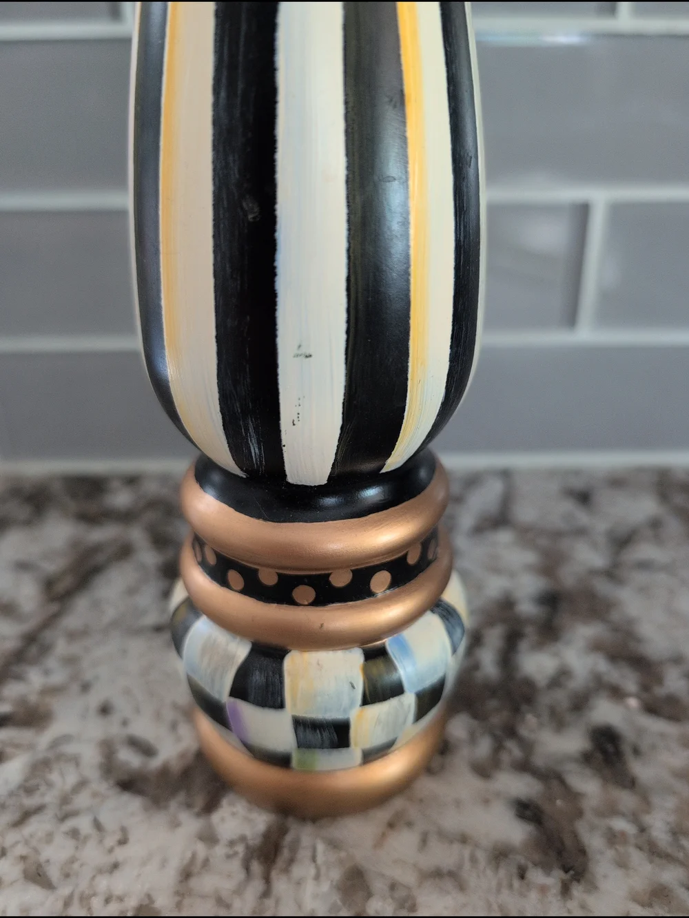 MacKenzie-Childs Hand-Painted Black, White, Gold Striped Pepper Mill